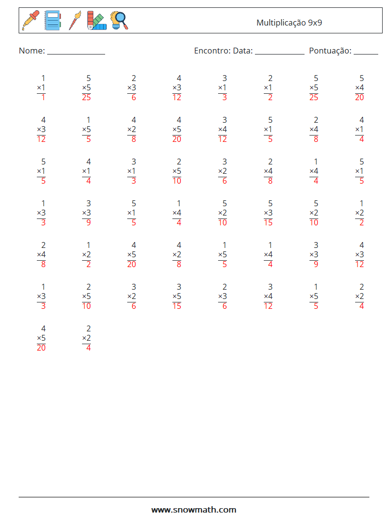 (50) Multiplicação 9x9 planilhas matemáticas 4 Pergunta, Resposta