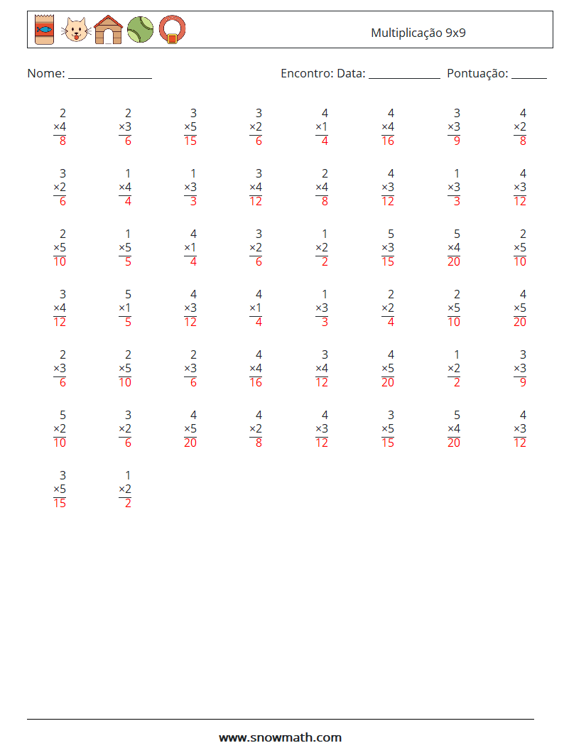 (50) Multiplicação 9x9 planilhas matemáticas 6 Pergunta, Resposta