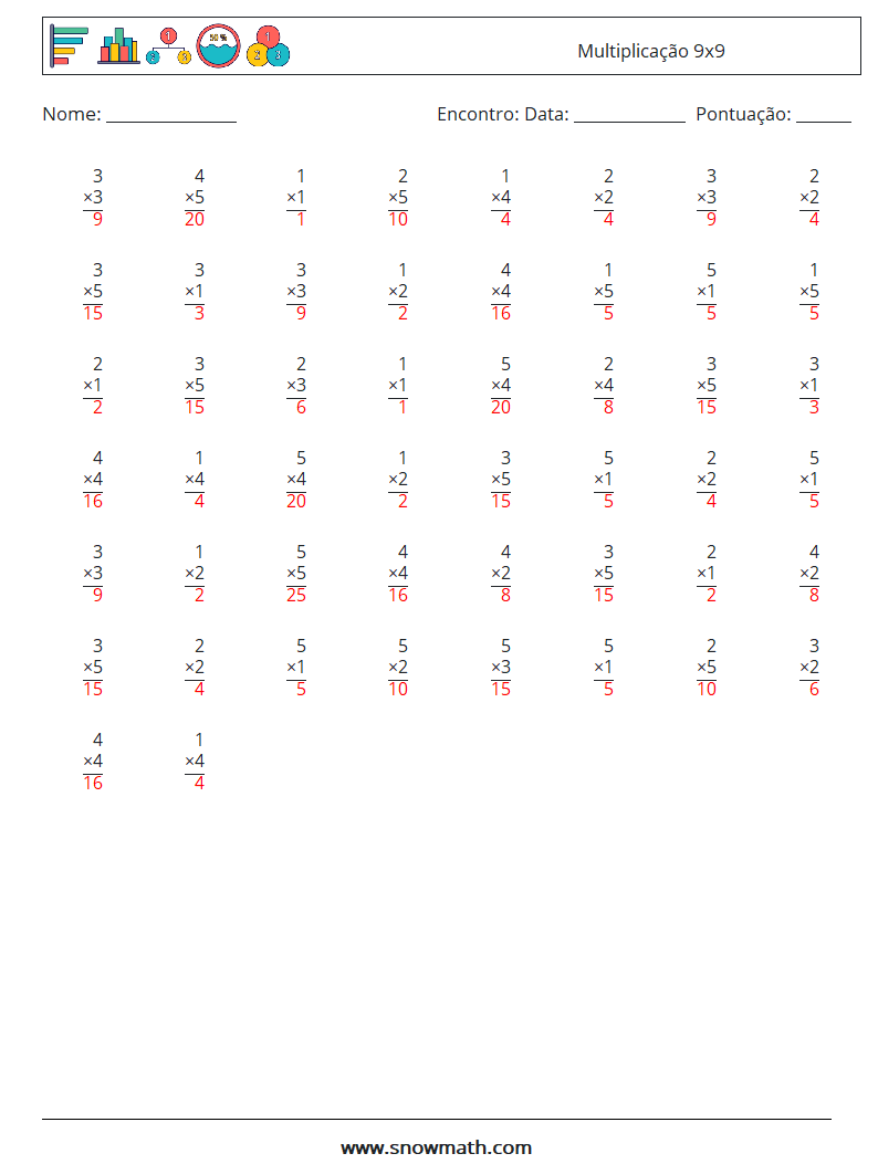 (50) Multiplicação 9x9 planilhas matemáticas 7 Pergunta, Resposta