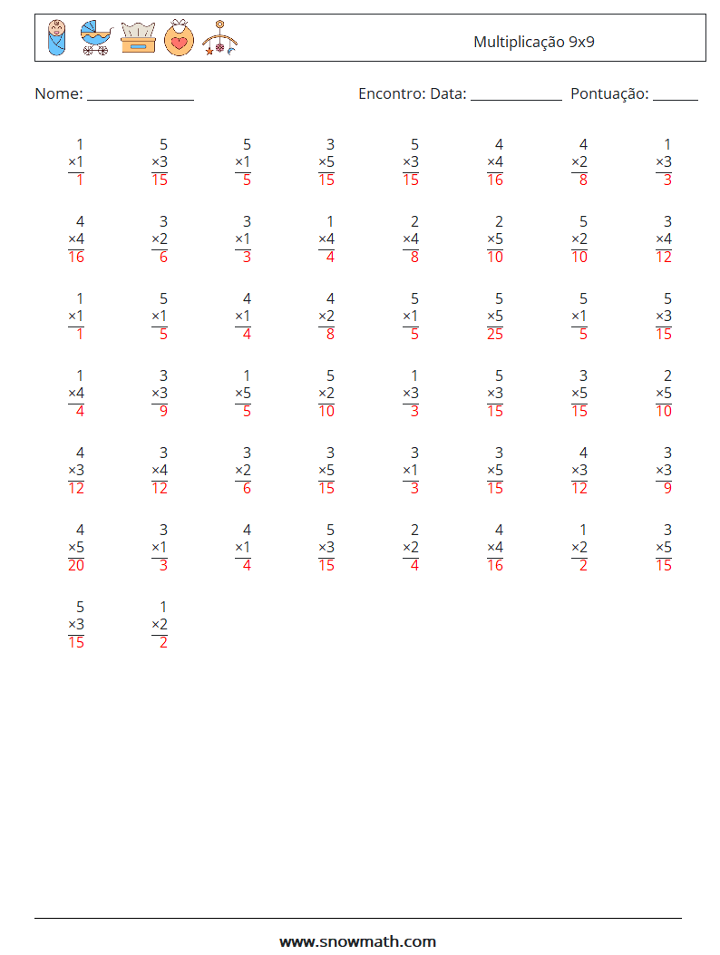 (50) Multiplicação 9x9 planilhas matemáticas 8 Pergunta, Resposta