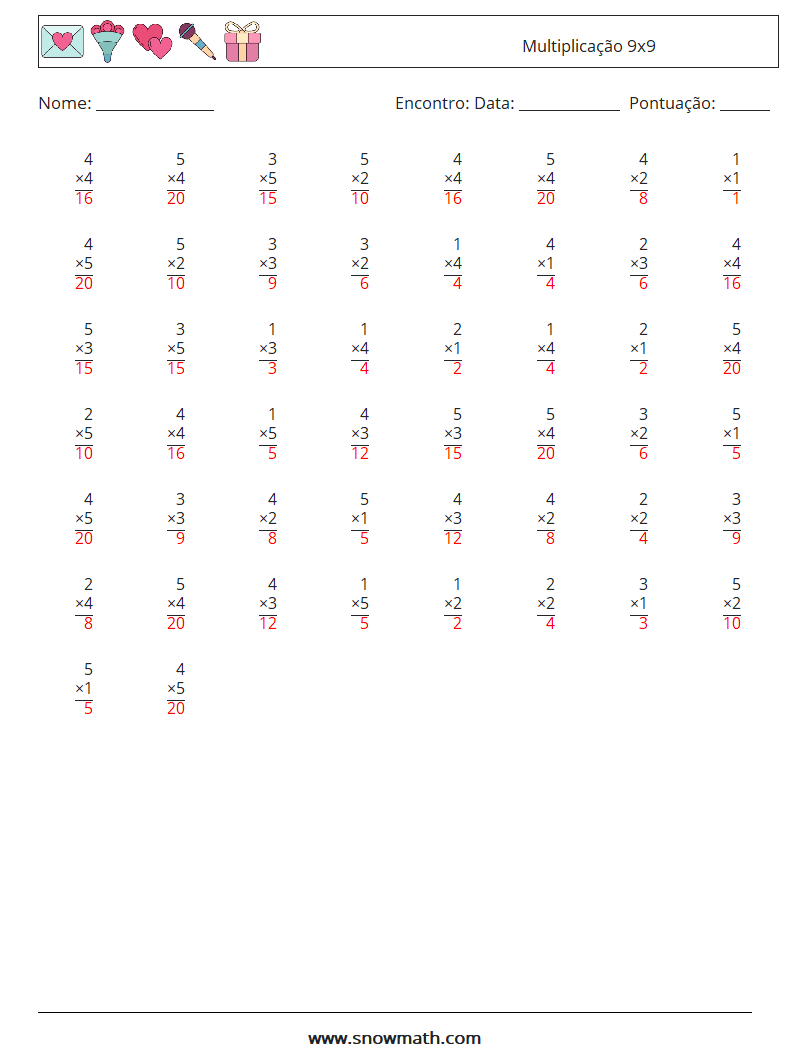 (50) Multiplicação 9x9 planilhas matemáticas 9 Pergunta, Resposta
