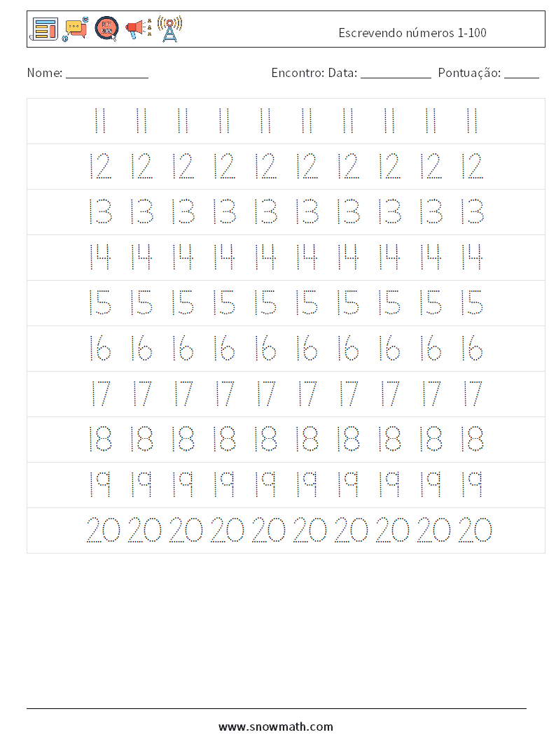 Números de três dígitos imprimível 3ª série planilhas