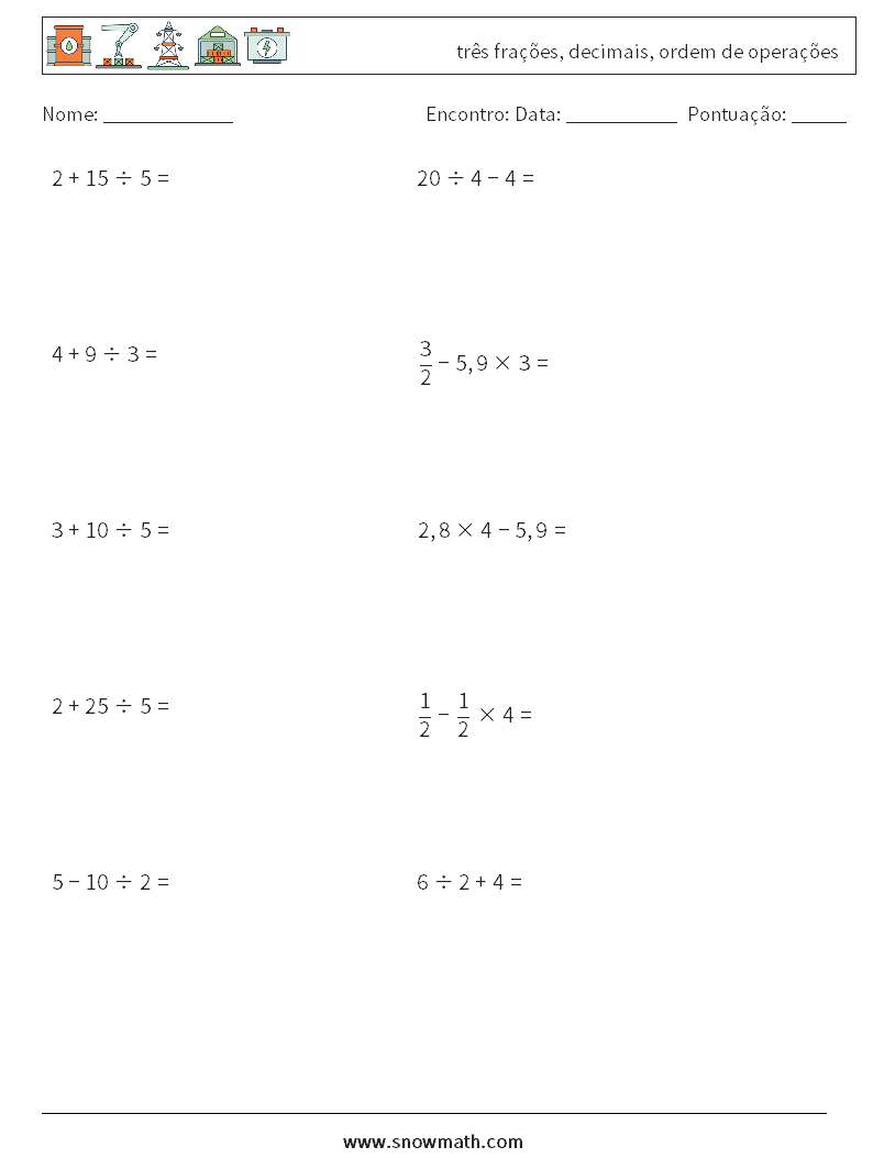 (10) três frações, decimais, ordem de operações planilhas matemáticas 10