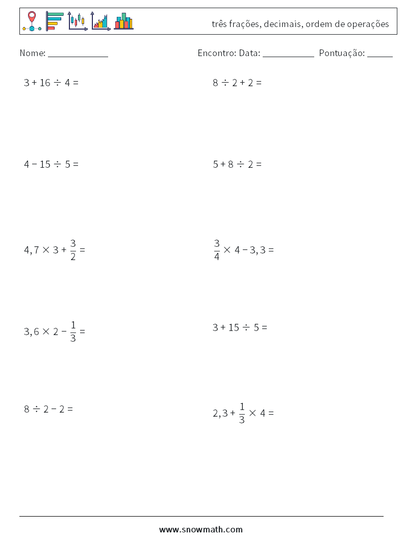 (10) três frações, decimais, ordem de operações planilhas matemáticas 14