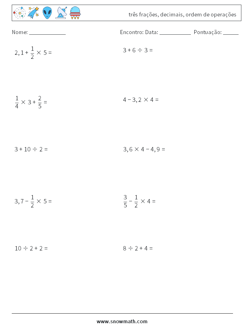 (10) três frações, decimais, ordem de operações planilhas matemáticas 15