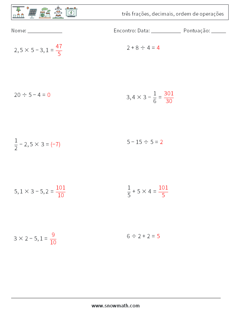 (10) três frações, decimais, ordem de operações planilhas matemáticas 16 Pergunta, Resposta