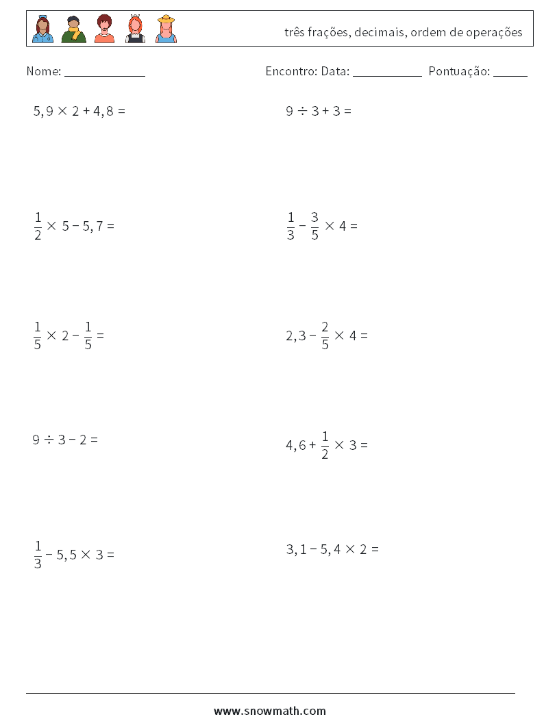 (10) três frações, decimais, ordem de operações planilhas matemáticas 17