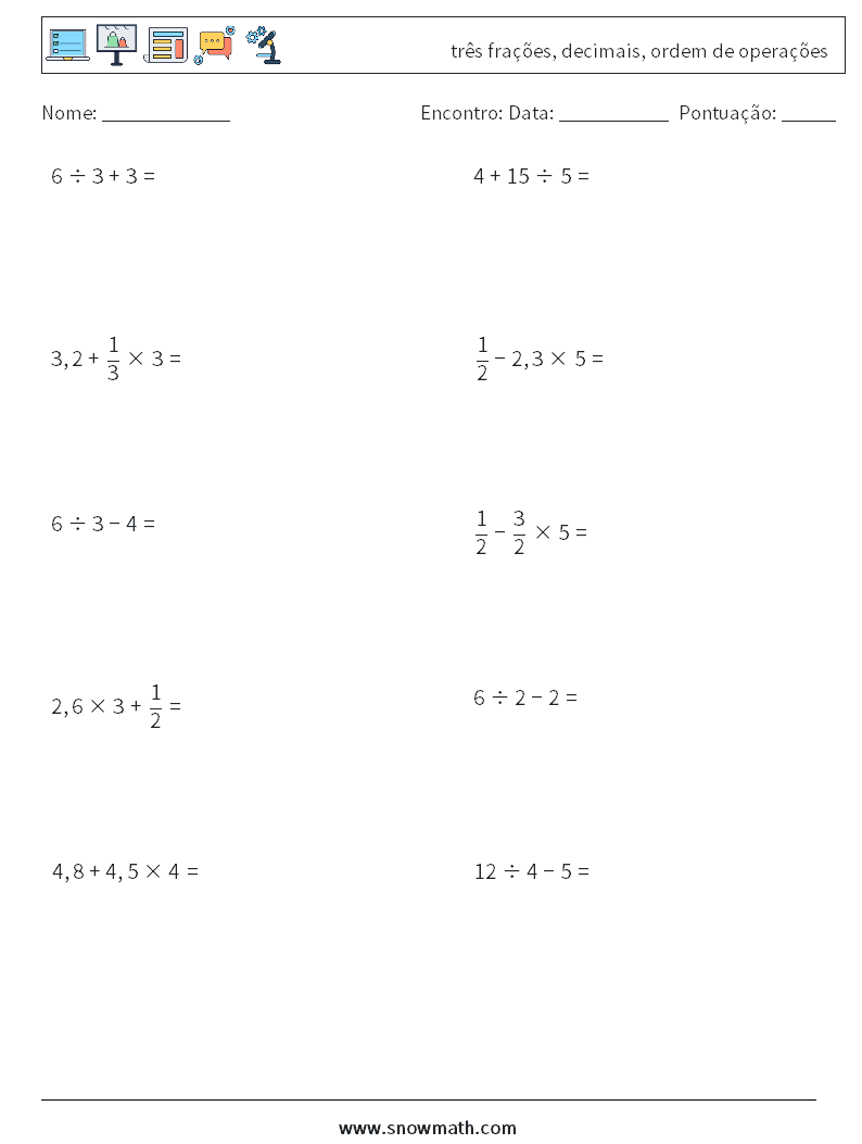 (10) três frações, decimais, ordem de operações planilhas matemáticas 3