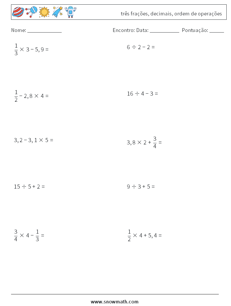 (10) três frações, decimais, ordem de operações planilhas matemáticas 9