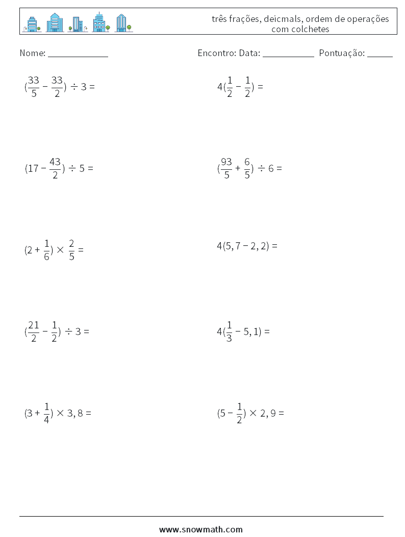 (10) três frações, deicmals, ordem de operações com colchetes planilhas matemáticas 10