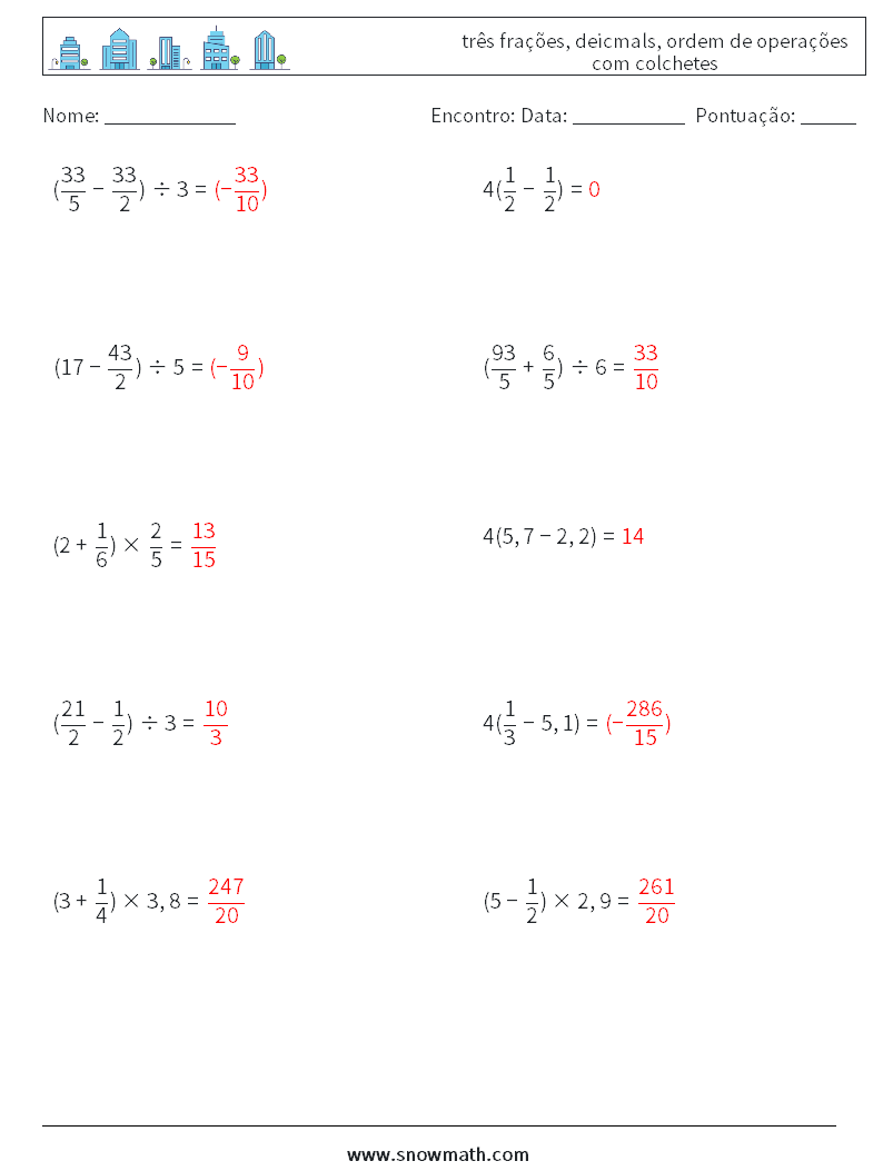(10) três frações, deicmals, ordem de operações com colchetes planilhas matemáticas 10 Pergunta, Resposta