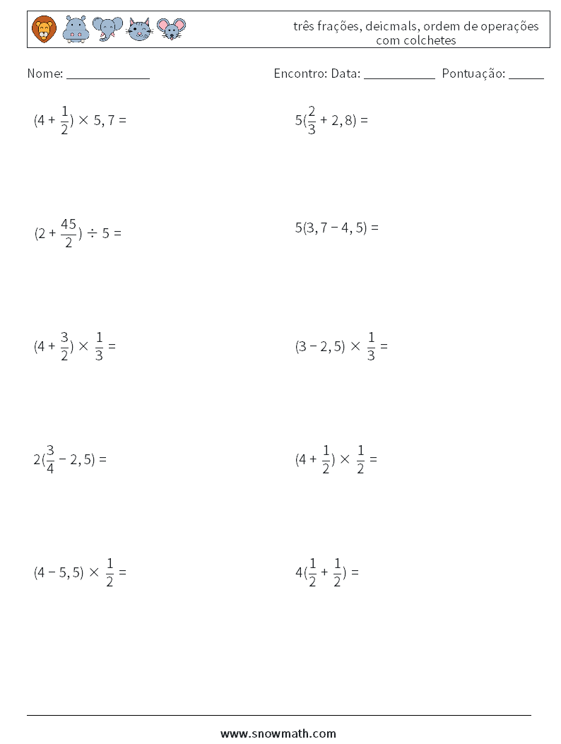 (10) três frações, deicmals, ordem de operações com colchetes planilhas matemáticas 11