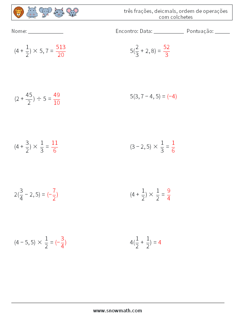 (10) três frações, deicmals, ordem de operações com colchetes planilhas matemáticas 11 Pergunta, Resposta