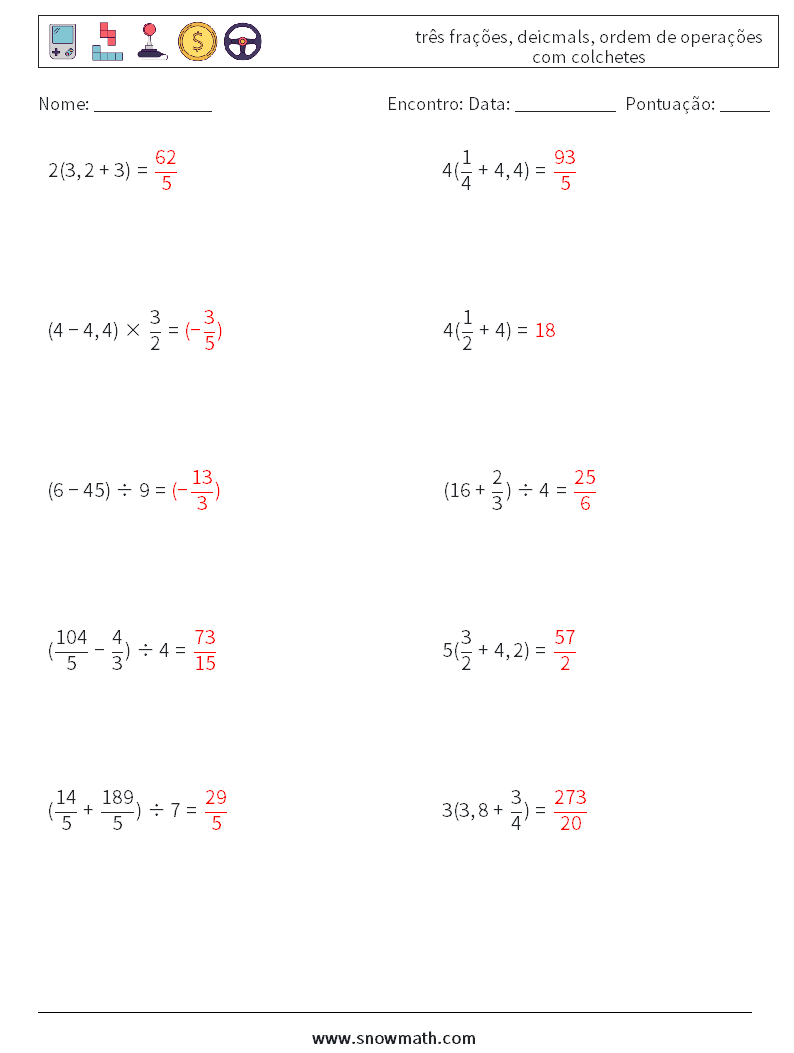 (10) três frações, deicmals, ordem de operações com colchetes planilhas matemáticas 12 Pergunta, Resposta