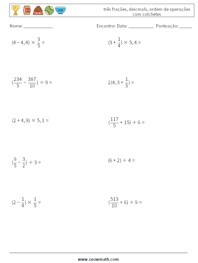 (10) três frações, deicmals, ordem de operações com colchetes planilhas matemáticas 13
