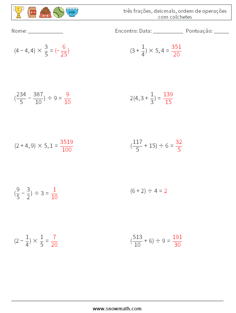 (10) três frações, deicmals, ordem de operações com colchetes planilhas matemáticas 13 Pergunta, Resposta
