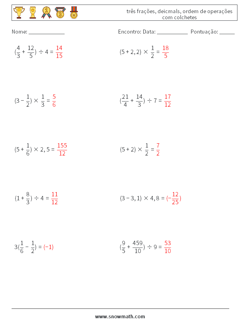 (10) três frações, deicmals, ordem de operações com colchetes planilhas matemáticas 14 Pergunta, Resposta
