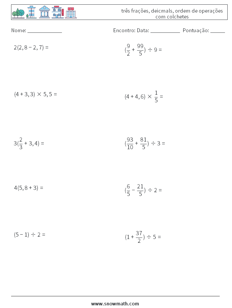 (10) três frações, deicmals, ordem de operações com colchetes planilhas matemáticas 15