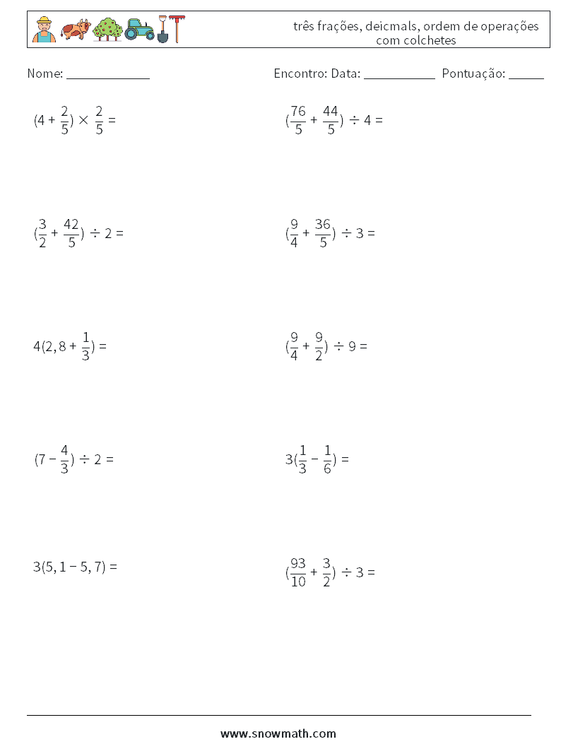 (10) três frações, deicmals, ordem de operações com colchetes planilhas matemáticas 16