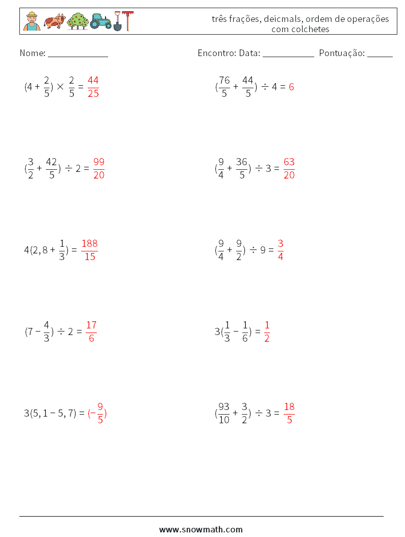 (10) três frações, deicmals, ordem de operações com colchetes planilhas matemáticas 16 Pergunta, Resposta