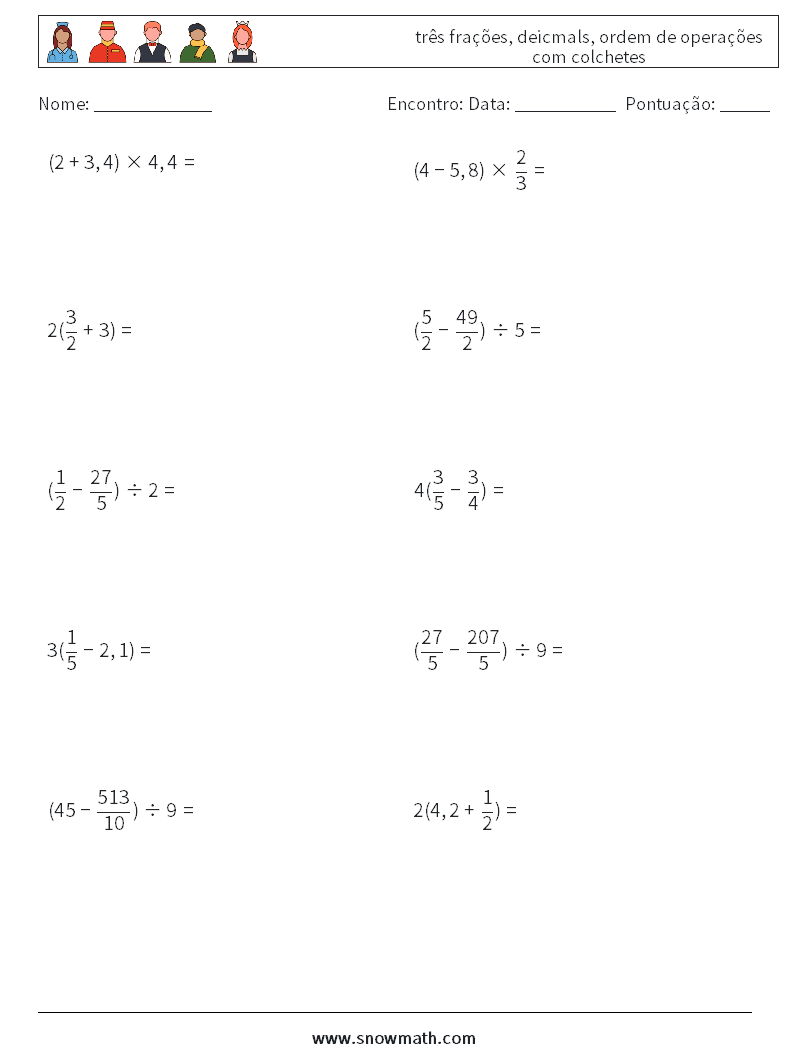 (10) três frações, deicmals, ordem de operações com colchetes planilhas matemáticas 17