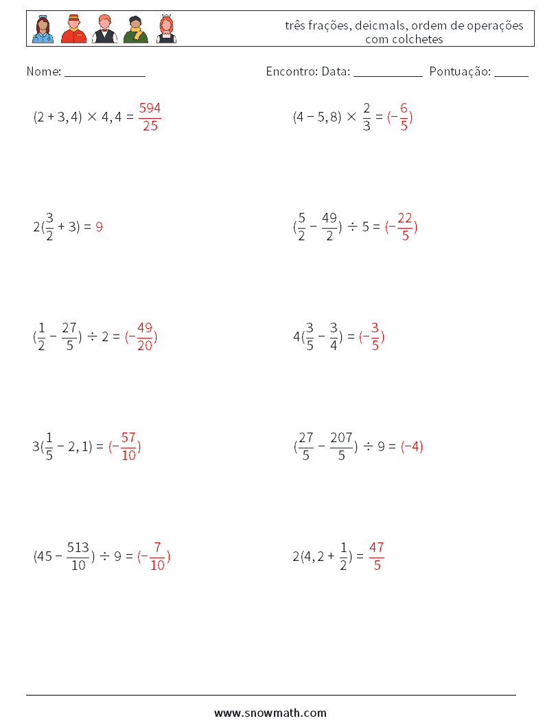 (10) três frações, deicmals, ordem de operações com colchetes planilhas matemáticas 17 Pergunta, Resposta