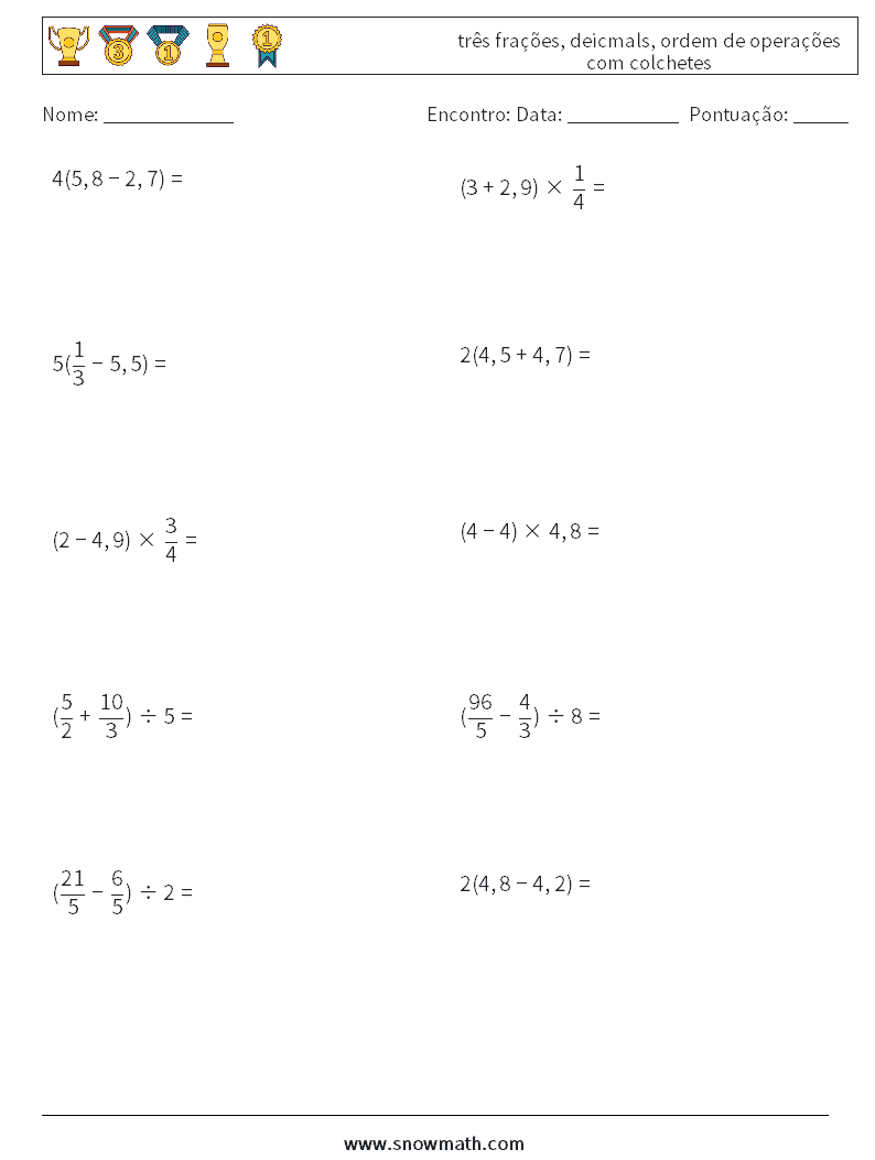 (10) três frações, deicmals, ordem de operações com colchetes planilhas matemáticas 18