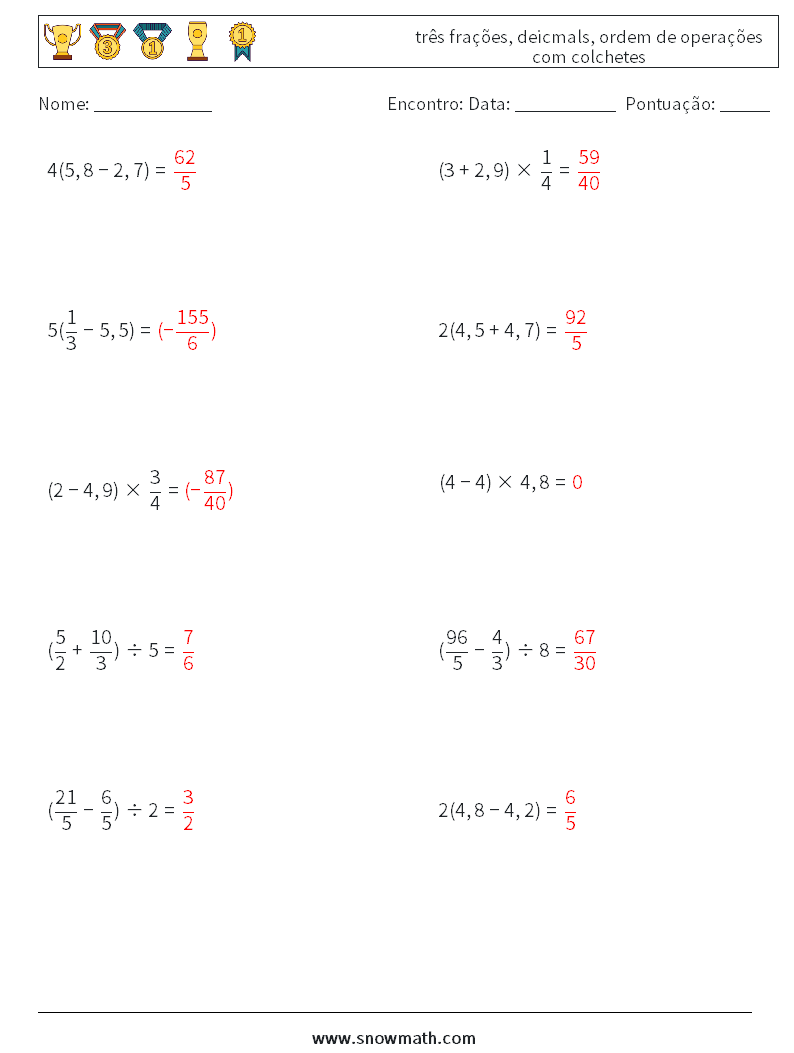 (10) três frações, deicmals, ordem de operações com colchetes planilhas matemáticas 18 Pergunta, Resposta
