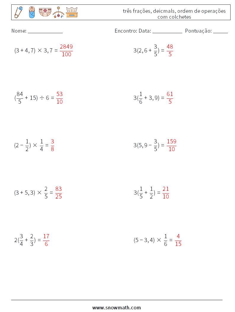 (10) três frações, deicmals, ordem de operações com colchetes planilhas matemáticas 1 Pergunta, Resposta