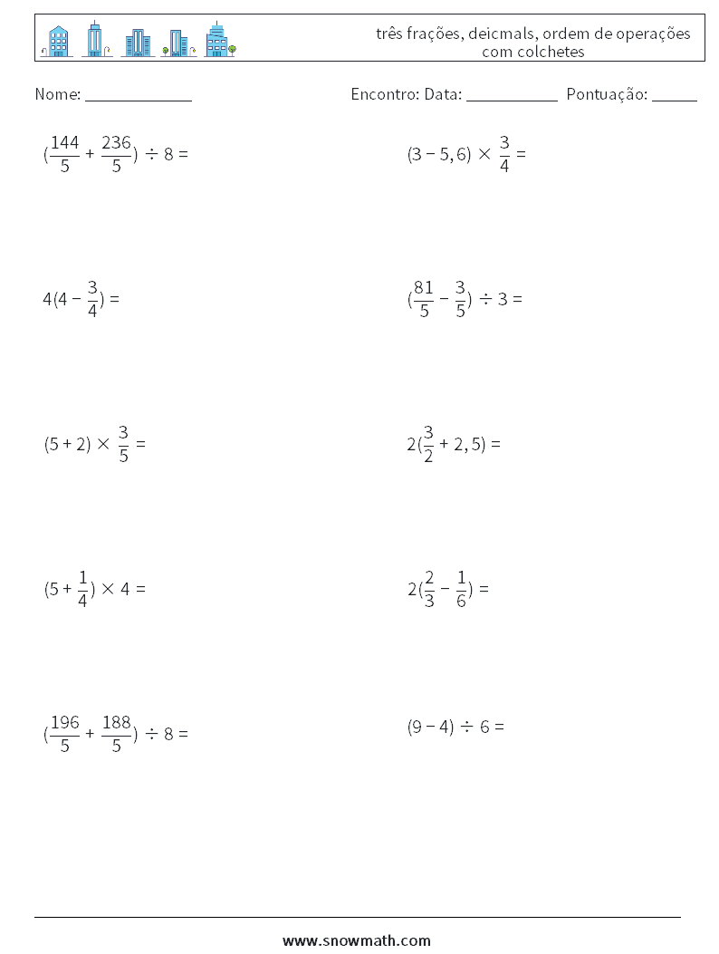 (10) três frações, deicmals, ordem de operações com colchetes planilhas matemáticas 2