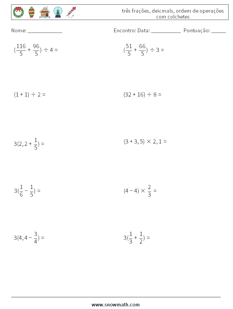 (10) três frações, deicmals, ordem de operações com colchetes planilhas matemáticas 3
