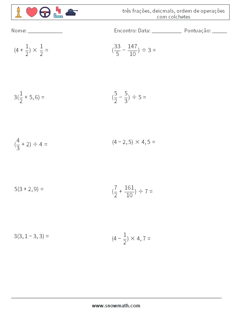 (10) três frações, deicmals, ordem de operações com colchetes planilhas matemáticas 4