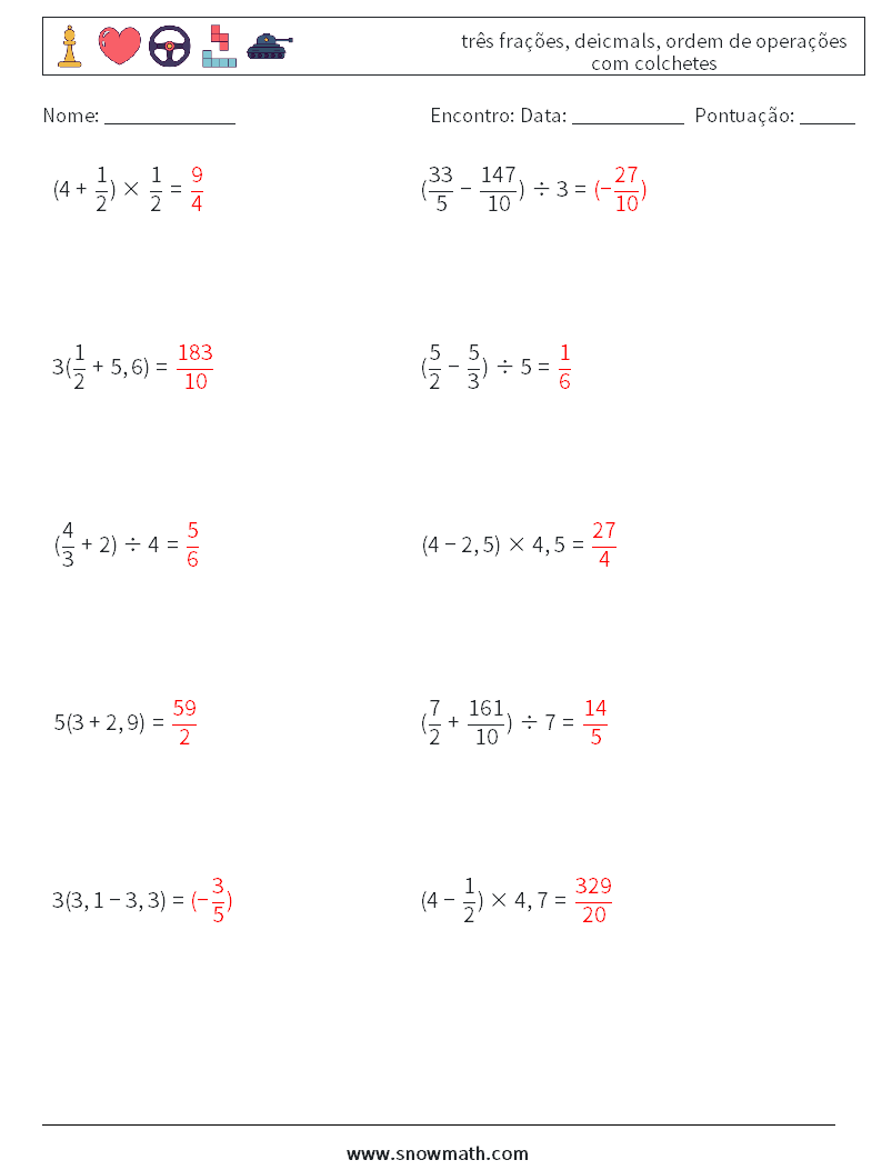 (10) três frações, deicmals, ordem de operações com colchetes planilhas matemáticas 4 Pergunta, Resposta