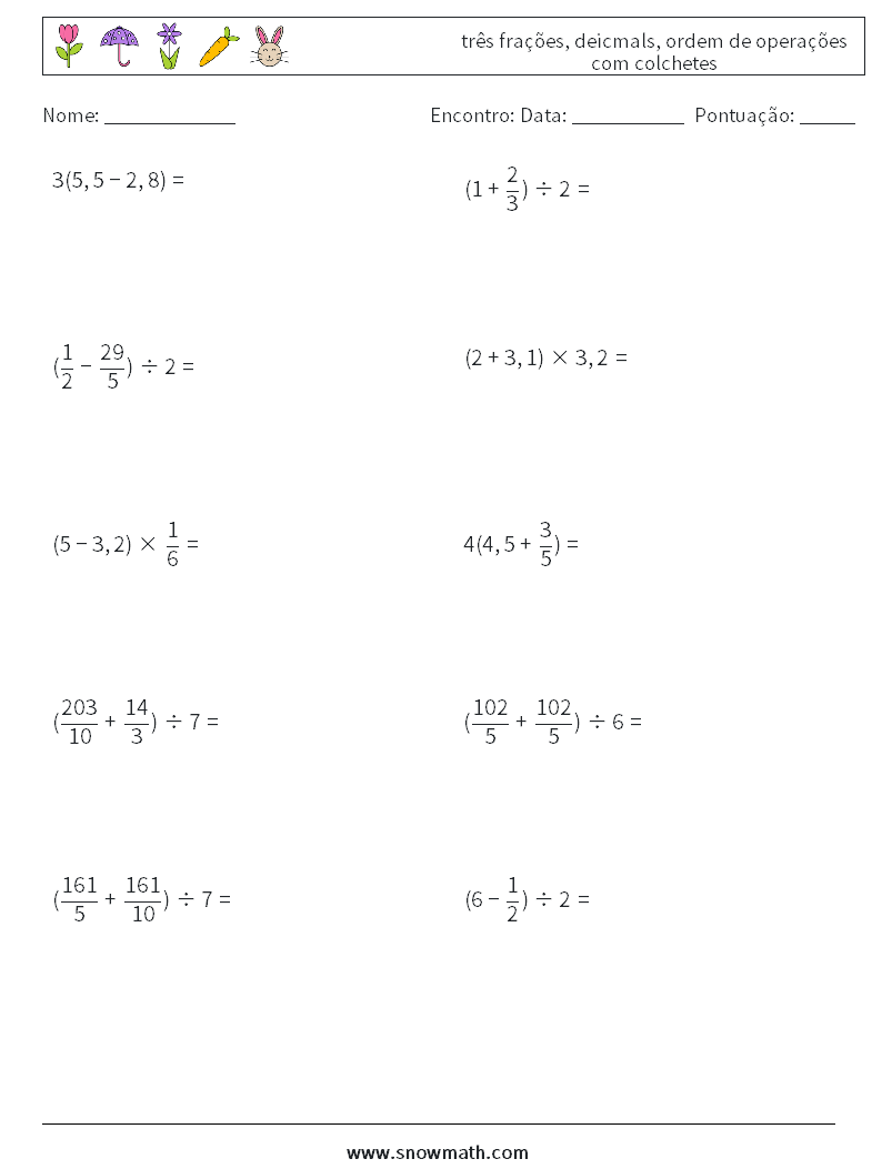 (10) três frações, deicmals, ordem de operações com colchetes planilhas matemáticas 5