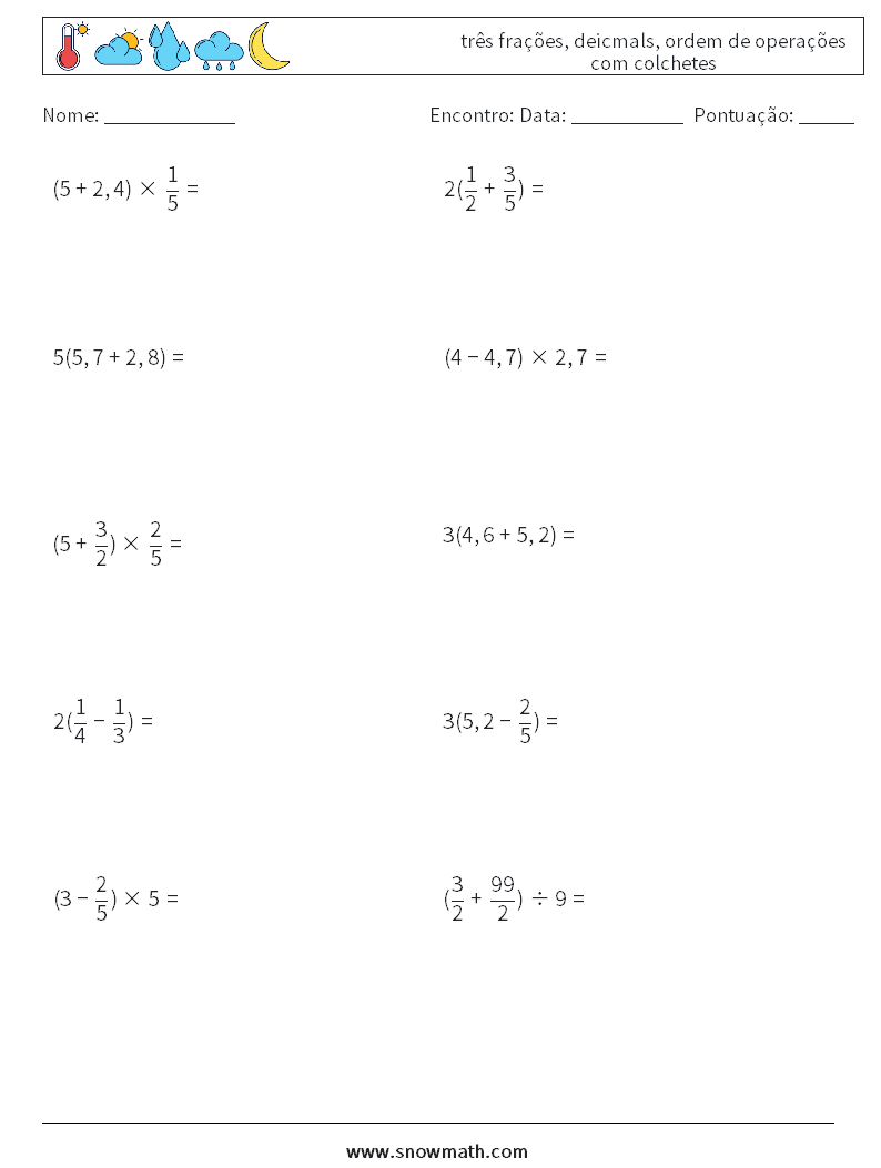 (10) três frações, deicmals, ordem de operações com colchetes planilhas matemáticas 6