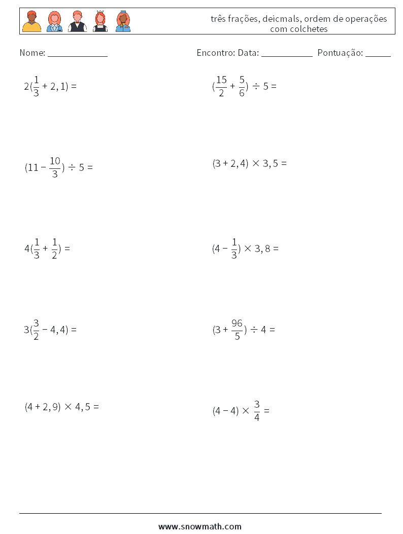 (10) três frações, deicmals, ordem de operações com colchetes planilhas matemáticas 7
