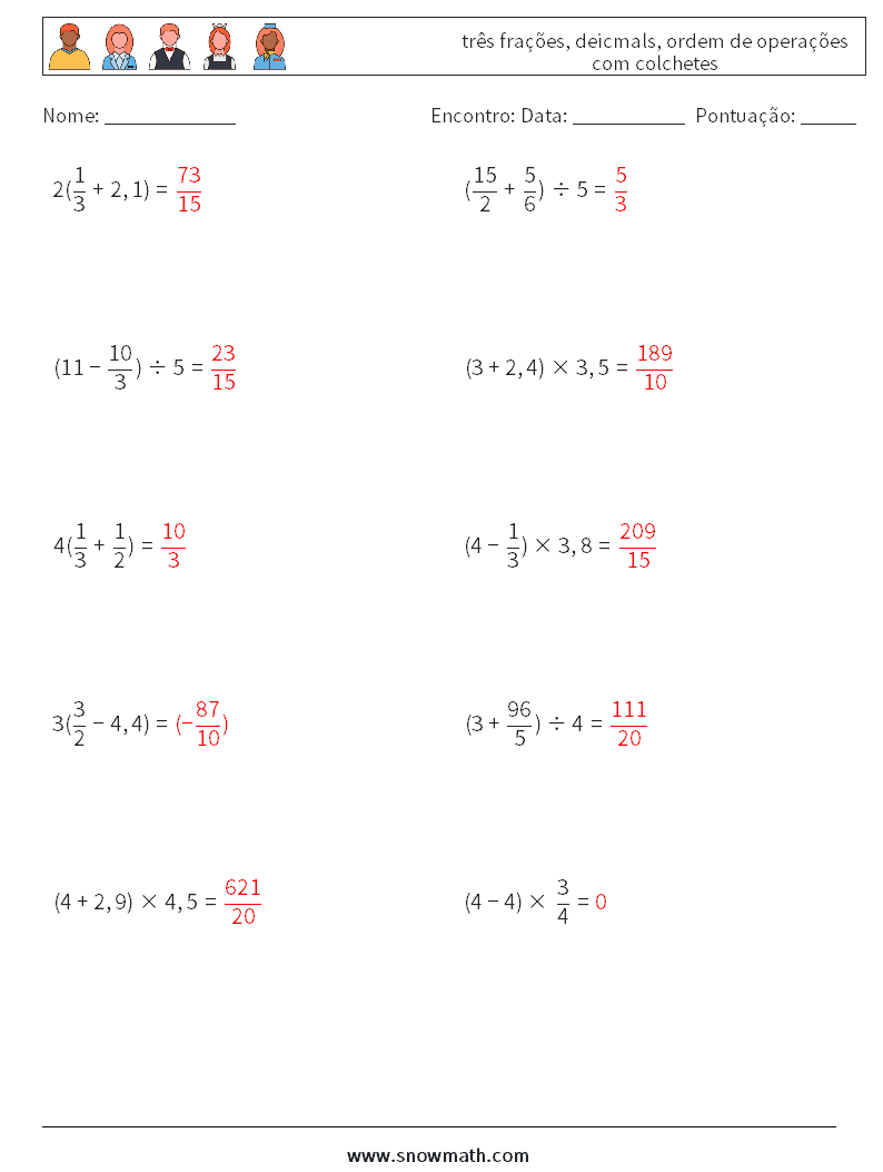 (10) três frações, deicmals, ordem de operações com colchetes planilhas matemáticas 7 Pergunta, Resposta