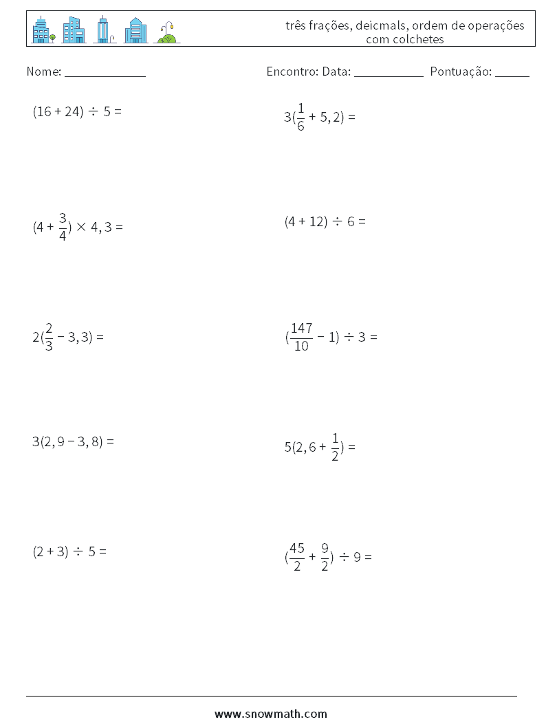 (10) três frações, deicmals, ordem de operações com colchetes planilhas matemáticas 8