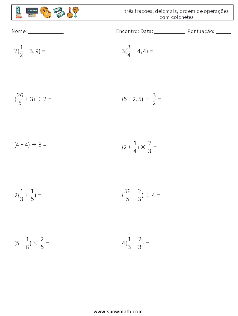 (10) três frações, deicmals, ordem de operações com colchetes planilhas matemáticas 9