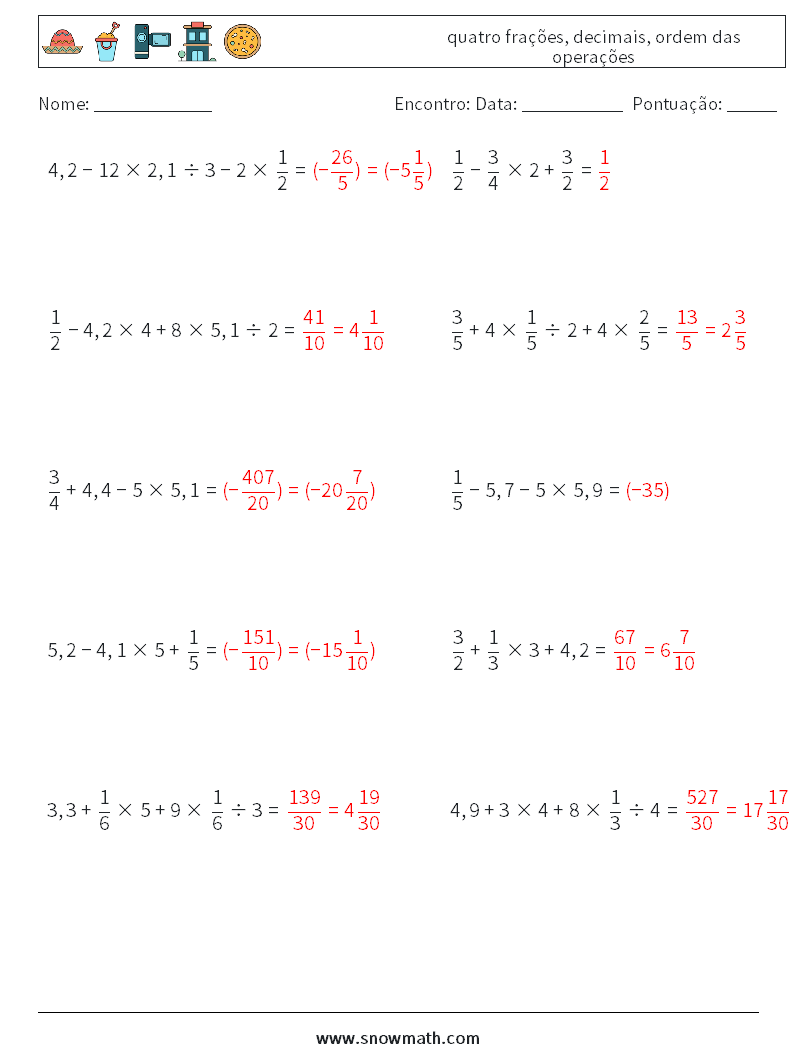 (10) quatro frações, decimais, ordem das operações planilhas matemáticas 14 Pergunta, Resposta