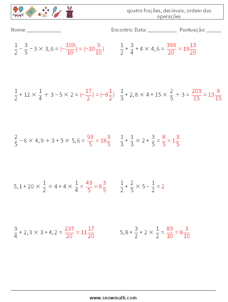 (10) quatro frações, decimais, ordem das operações planilhas matemáticas 16 Pergunta, Resposta
