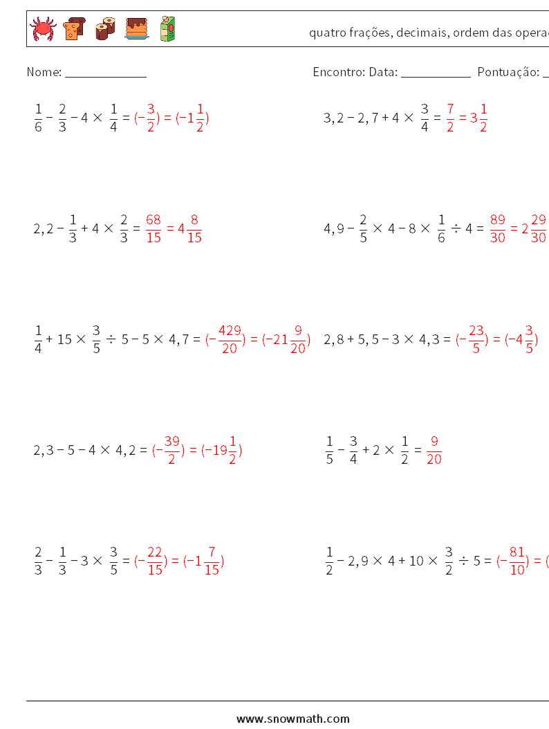 (10) quatro frações, decimais, ordem das operações planilhas matemáticas 17 Pergunta, Resposta