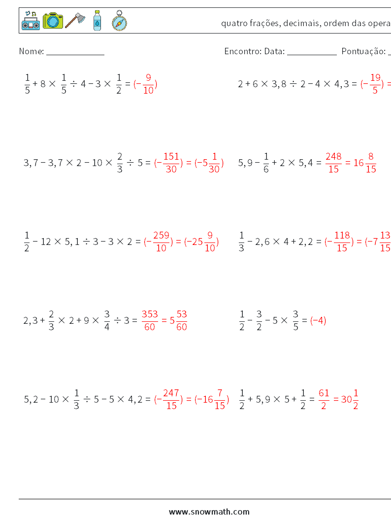 (10) quatro frações, decimais, ordem das operações planilhas matemáticas 7 Pergunta, Resposta
