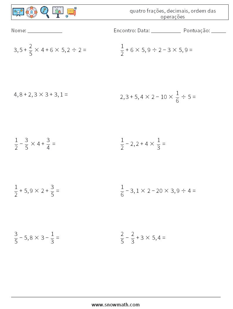(10) quatro frações, decimais, ordem das operações planilhas matemáticas 9