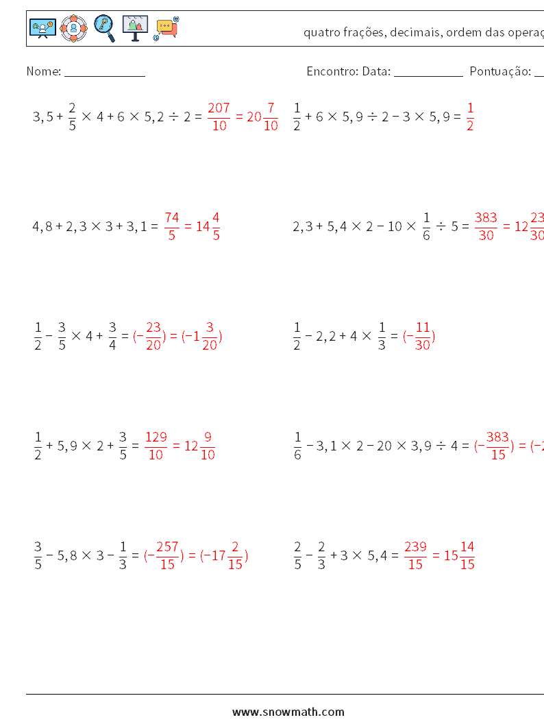 (10) quatro frações, decimais, ordem das operações planilhas matemáticas 9 Pergunta, Resposta
