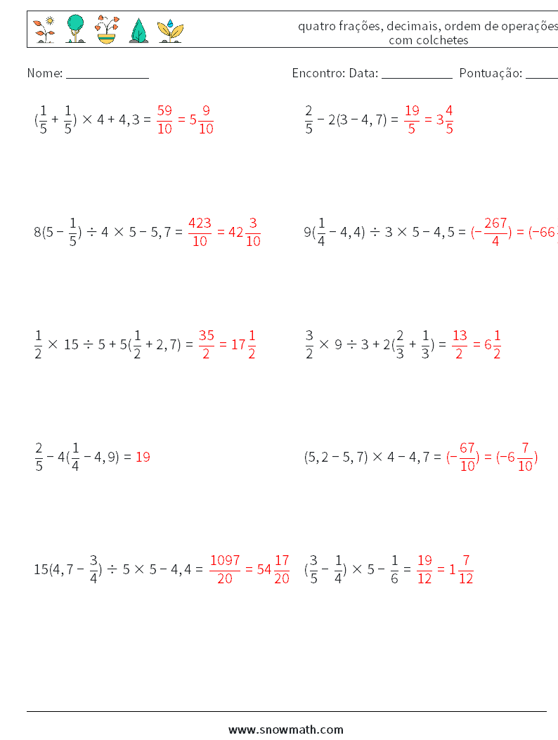 (10) quatro frações, decimais, ordem de operações com colchetes planilhas matemáticas 13 Pergunta, Resposta