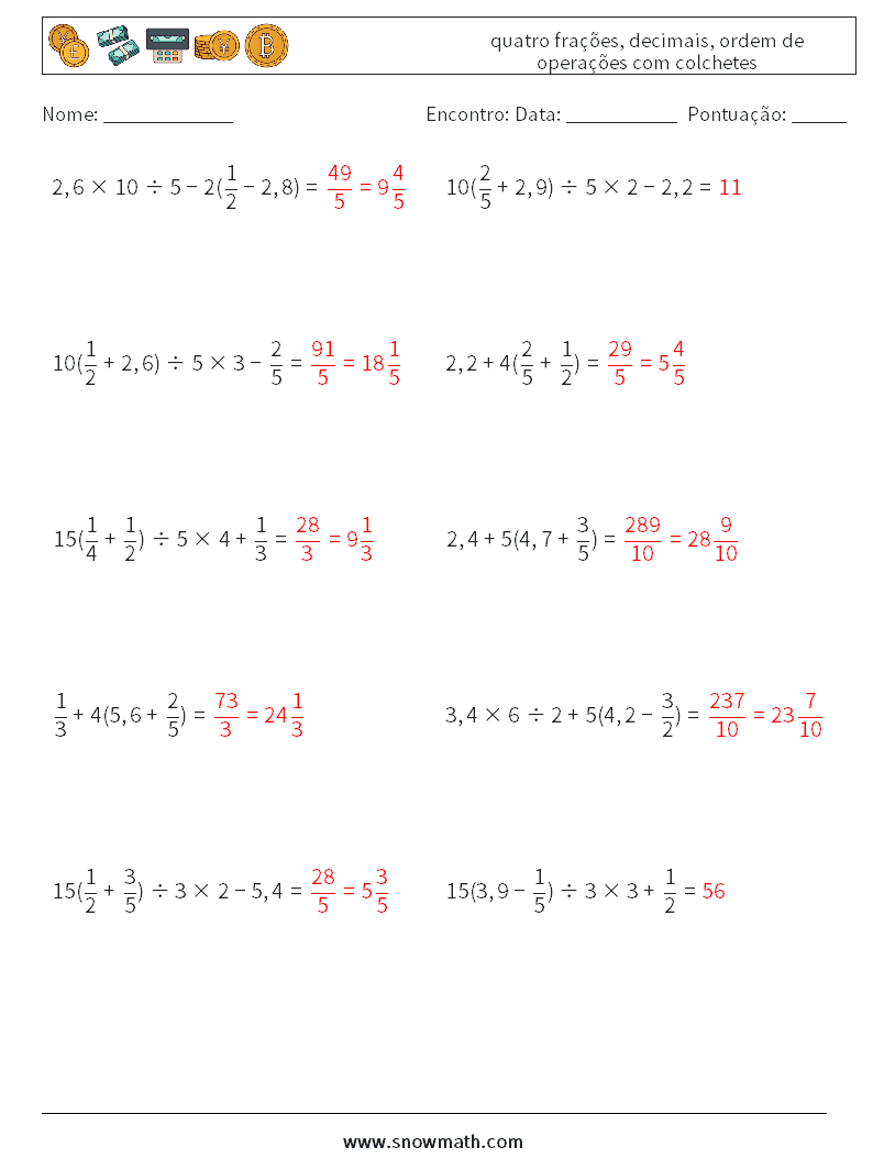 (10) quatro frações, decimais, ordem de operações com colchetes planilhas matemáticas 14 Pergunta, Resposta