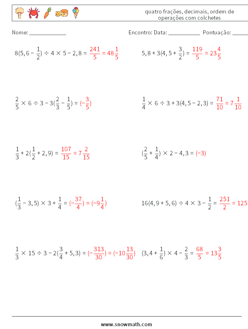 (10) quatro frações, decimais, ordem de operações com colchetes planilhas matemáticas 15 Pergunta, Resposta