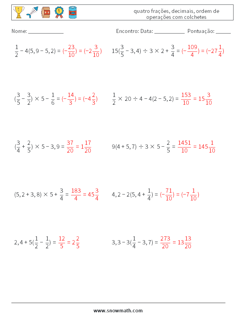 (10) quatro frações, decimais, ordem de operações com colchetes planilhas matemáticas 18 Pergunta, Resposta
