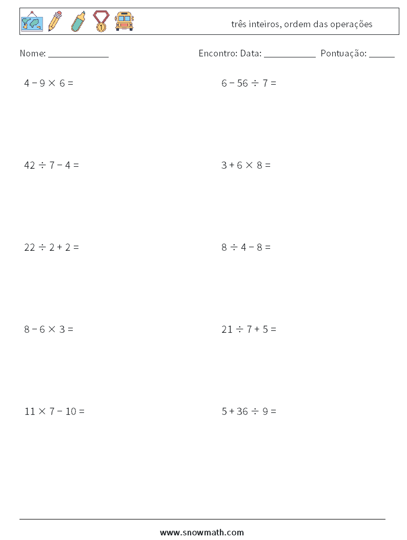 (10) três inteiros, ordem das operações planilhas matemáticas 3